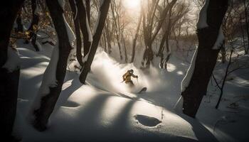 uno persona explorador Nevado bosque en sendero generado por ai foto