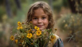 Cute girl holding yellow flower, enjoying nature generated by AI photo