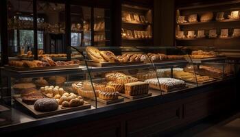 Fresco horneado, dulce delicias en rústico panadería estante generado por ai foto