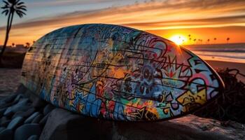 un vistoso tabla de surf en un arenoso playa generado por ai foto