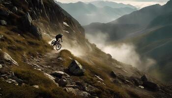ciclismo mediante montaña terreno, explorador naturaleza paisajes generado por ai foto