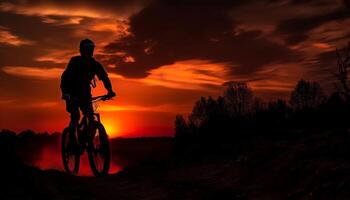 Silhouette of biker cycling at sunset adventure generated by AI photo