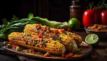 A la parrilla vegetales en rústico de madera mesa, sano comida generado por ai foto