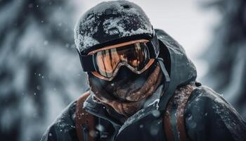 un sonriente hombre tablas de snowboard abajo un montaña generado por ai foto