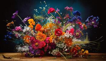 Bright multi colored bouquet of lilacs and daisies generated by AI photo