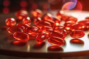 stock photo of omega 3 fats in transparent softgel pills medicine