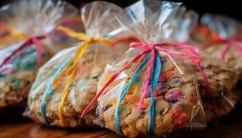 Stack of homemade cookies, colorful and indulgent generated by AI photo