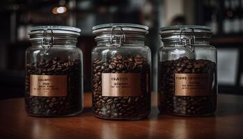 Freshly roasted coffee bean in glass jar generated by AI photo