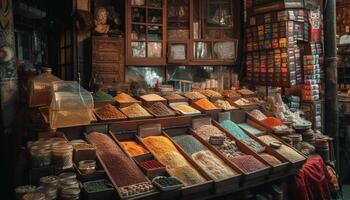 Colorful spice collection lines shelves at outdoor market generated by AI photo