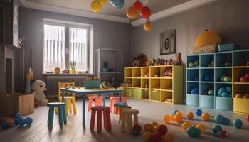 divertido, vistoso cuarto de jugar con juguetes y decoraciones generado por ai foto