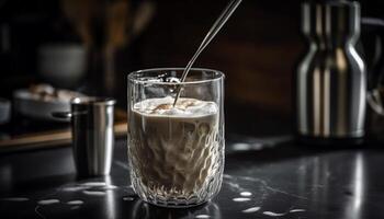 Foamy milk and hot coffee in clear glass generated by AI photo