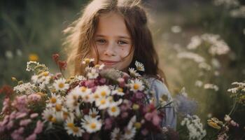 linda caucásico niña disfruta naturaleza juguetón belleza generado por ai foto