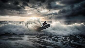 Men surfing dangerous waves create extreme excitement generated by AI photo