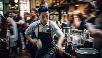 Young adults working in coffee shop service industry generated by AI photo