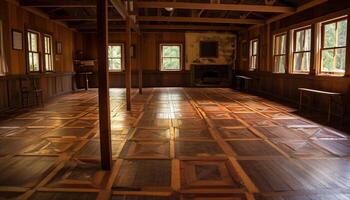 Rustic wood flooring and elegant ceiling decor generated by AI photo