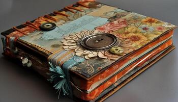 antiguo cuero ligado historia libro en florido mesa generado por ai foto