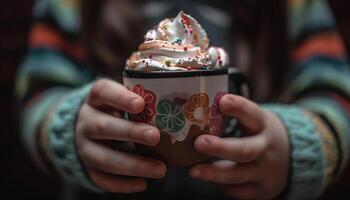 uno mujer participación café taza en naturaleza generado por ai foto