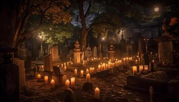 Glowing candle illuminates spooky tombstone at night generated by AI photo