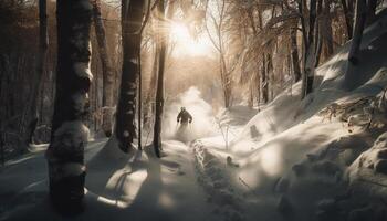 dos hombres caminando en un Nevado sendero generado por ai foto