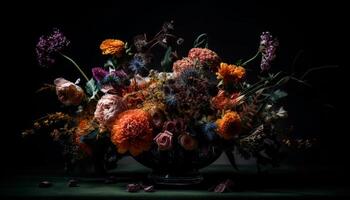 rústico ramo de flores en antiguo de madera mesa antecedentes generado por ai foto