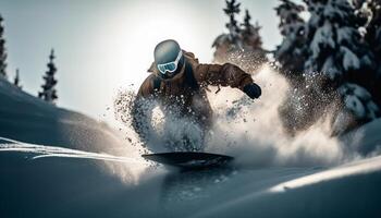 snowboarder se desliza terminado olas de polvo nieve generado por ai foto