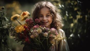 sonriente niña disfruta naturaleza belleza con flor ramo de flores generado por ai foto