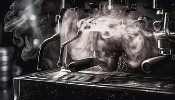 A barista pours fresh cappuccino into metallic cup generated by AI photo