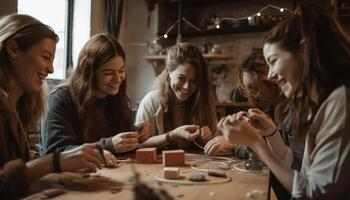 joven mujer sonriente mientras disfrutando arte taller generado por ai foto