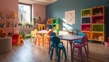Colorful playroom with toys and educational materials generated by AI photo