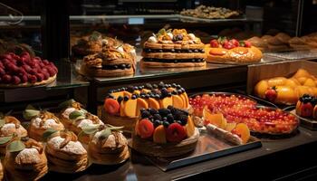 gastrónomo postre buffet fruta, chocolate, y Fresco bayas generado por ai foto