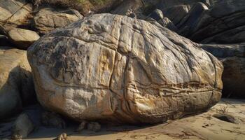 Tranquil scene of eroded boulder on coastline generated by AI photo