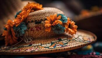 Paja sombrero Moda para verano vacaciones al aire libre generado por ai foto