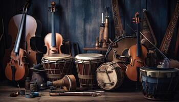 Musical instruments of old cultures on table generated by AI photo