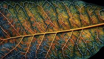 Green and yellow leaf vein pattern macro shot generated by AI photo