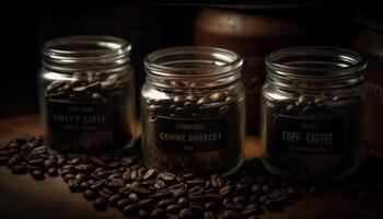 Fresh organic coffee beans in rustic jar generated by AI photo