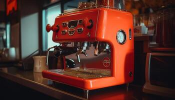 barista haciendo Fresco capuchino en Café exprés máquina generado por ai foto