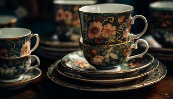 Antique coffee cup and saucer on table generated by AI photo