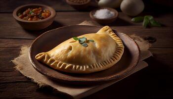 Rustic meat pie on wooden plate fresh generated by AI photo