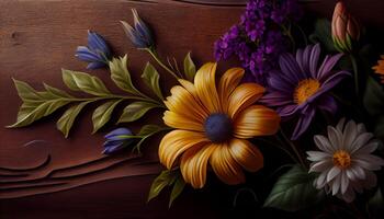 Multi colored bouquet of blossoms on wood backdrop generated by AI photo