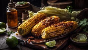 A la parrilla maíz en el mazorca con Lima Condimento generado por ai foto