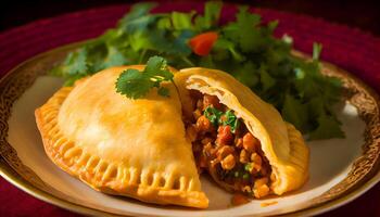 gastrónomo taco plato con Fresco cilantro y carne de vaca generado por ai foto