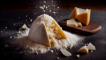 Fresh gourmet cheese slices on rustic wooden plate generated by AI photo