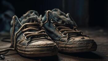 antiguo deporte zapato cordón deshecho en sucio madera generado por ai foto