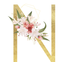 alfabeto y número oro acuarela, Boda flor letra png