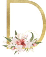 alfabeto y número oro acuarela, Boda flor letra png