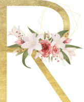 alfabeto y número oro acuarela, Boda flor letra png