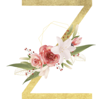 Alphabet and number gold watercolor, Wedding flower letter png
