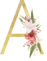 alfabeto y número oro acuarela, Boda flor letra png