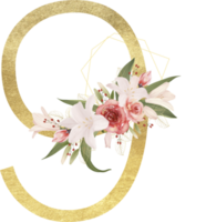 alfabeto y número oro acuarela, Boda flor letra png