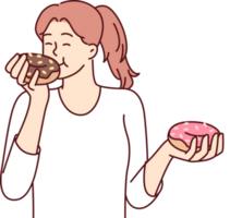 Satisfied beautiful girl eats donuts bought in store with fresh pastries and sweet desserts png
